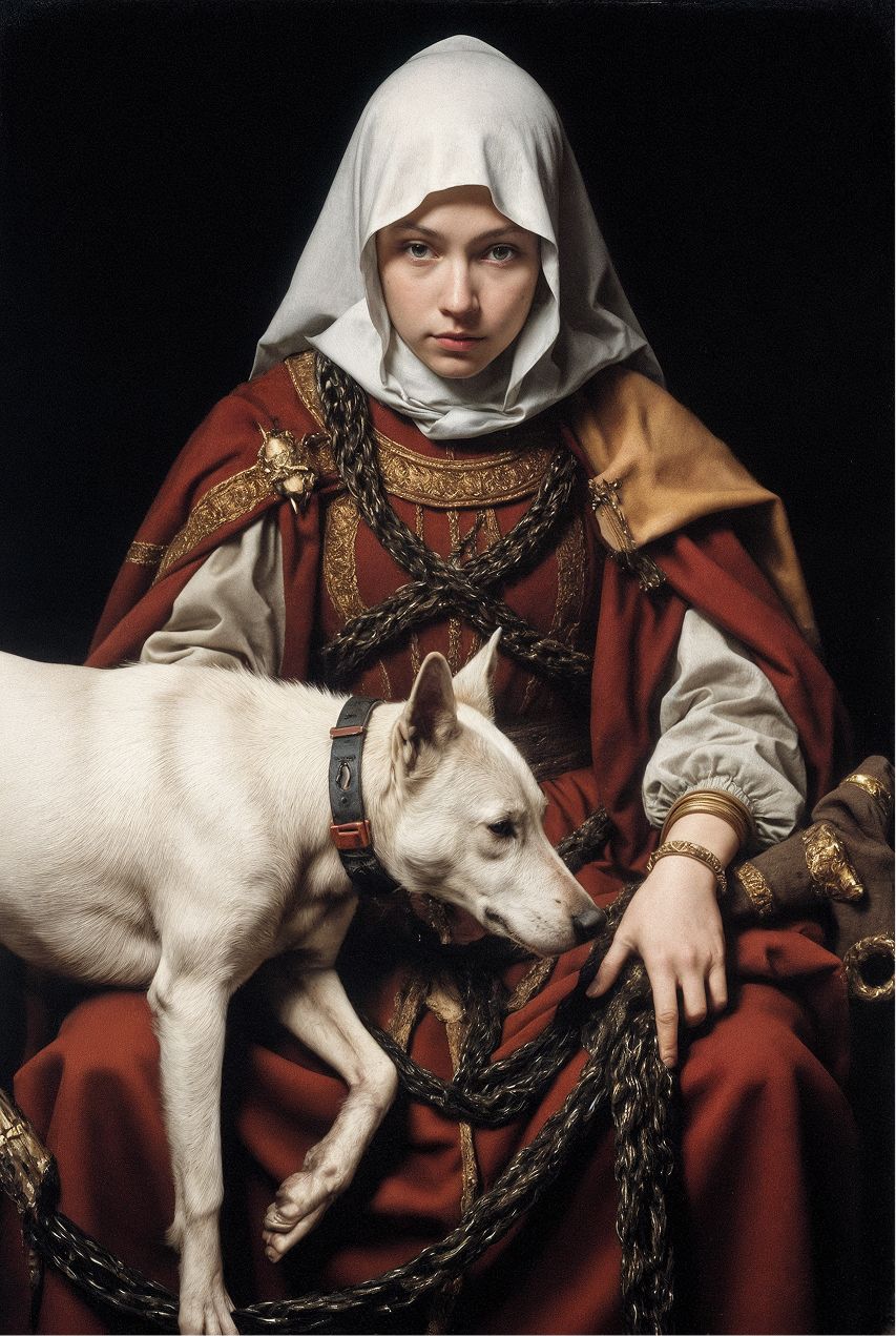 Dark Renaissance surrealist portrait of a woman with a white dog by her side and chain around her neck , dark background, and dramatic lighting.